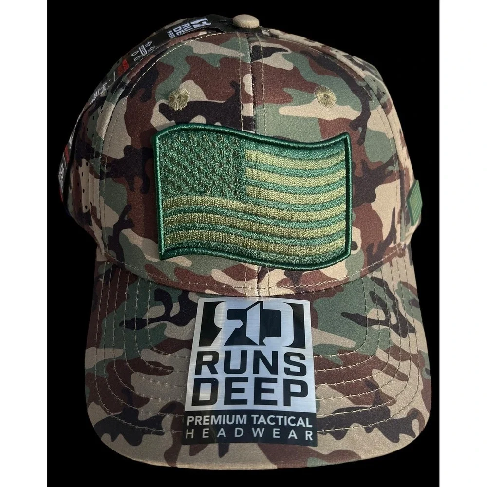 Runs Deep Tactical USA American Flag Premium Tactical Hat Camo Snapback Cap NWT
